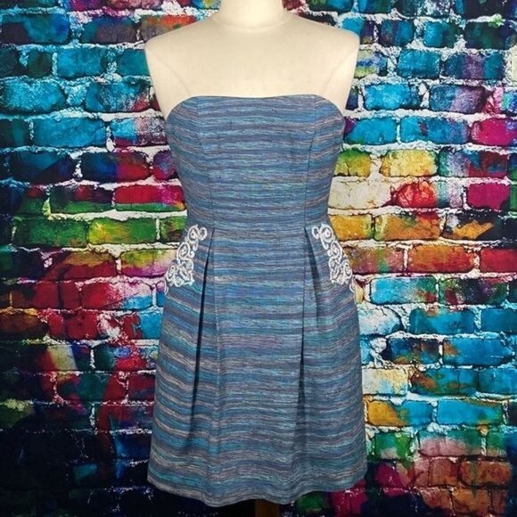 PHOEBE COUTURE Blue purple Striped Silk Blend Strapless Embroidered Dress sz 4 - Picture 2 of 12